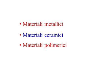 Materiali metallici Materiali ceramici Materiali polimerici.