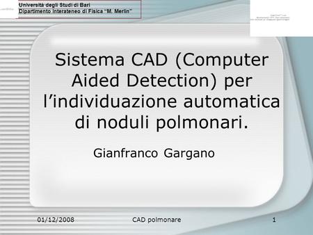 01/12/2008CAD polmonare1 Sistema CAD (Computer Aided Detection) per l’individuazione automatica di noduli polmonari. Gianfranco Gargano Università degli.