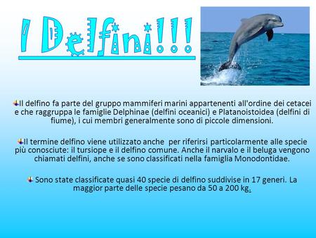 I Delfini!!! Il delfino fa parte del gruppo mammiferi marini appartenenti all'ordine dei cetacei e che raggruppa le famiglie Delphinae (delfini oceanici)