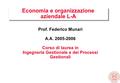 Economia e organizzazione aziendale L-A Prof. Federico Munari A.A. 2005-2006 Corso di laurea in Ingegneria Gestionale e dei Processi Gestionali.