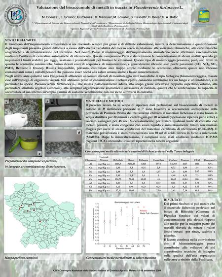 Valutazione del bioaccumulo di metalli in traccia in Pseudevernia furfuracea L. M. Brienza 1*, L. Scrano 1, G.Potenza 2, C. Mancusi 3, M. Lovallo 3, S.