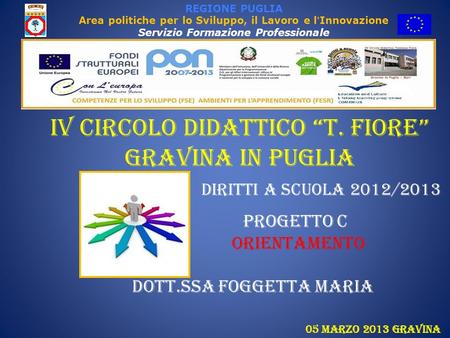 IV circolo Didattico “T. Fiore” Gravina in Puglia PROGETTO C ORIENTAMENTO DOTT.SSA FOGGETTA MARIA 05 marzo 2013 Gravina DIRITTI A SCUOLA 2012/2013 REGIONE.