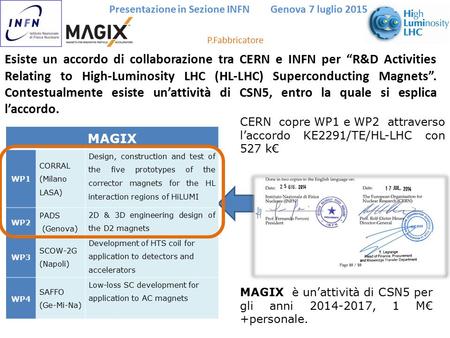 Presentazione in Sezione INFN Genova 7 luglio 2015 P.Fabbricatore Esiste un accordo di collaborazione tra CERN e INFN per “R&D Activities Relating to High-Luminosity.