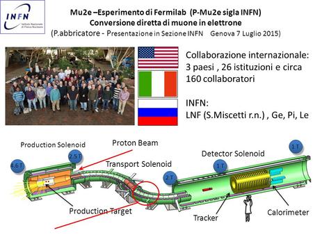 Mu2e –Esperimento di Fermilab (P-Mu2e sigla INFN) Conversione diretta di muone in elettrone (P.abbricatore - P resentazione in Sezione INFN Genova 7 Luglio.