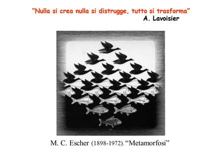 “Nulla si crea nulla si distrugge, tutto si trasforma” A. Lavoisier M. C. Escher (1898-1972). “Metamorfosi”
