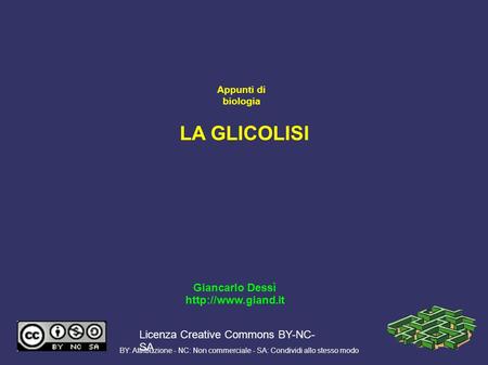 LA GLICOLISI Giancarlo Dessì  Licenza Creative Commons BY-NC- SA BY: Attribuzione - NC: Non commerciale - SA: Condividi allo stesso.