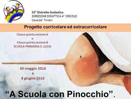 “A Scuola con Pinocchio”. 30 maggio 2016 e 8 giugno 2016 Progetto curricolare ed extracurricolare Classe quinta sezione A e Classe quinta sezione B SCUOLA.