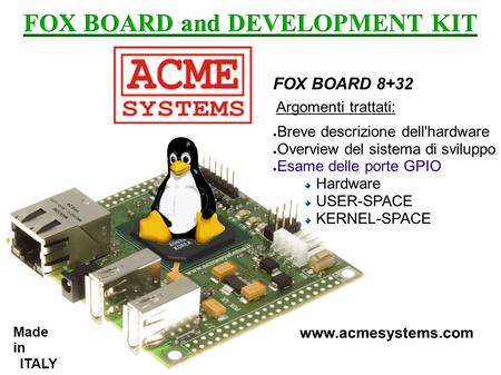 FOX BOARD 8+32 Argomenti trattati: ● Breve descrizione dell'hardware ● Overview del sistema di sviluppo ● Esame delle porte GPIO Hardware.