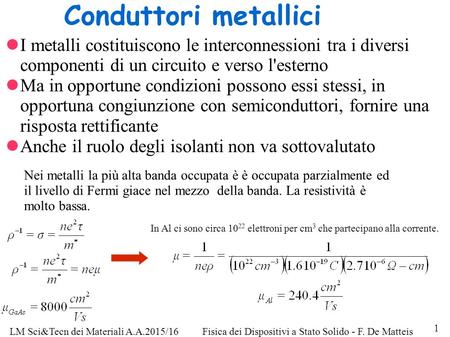 LM Sci&Tecn dei Materiali A.A.2015/16Fisica dei Dispositivi a Stato Solido - F. De Matteis Conduttori metallici I metalli costituiscono le interconnessioni.