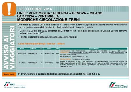 23 OTTOBRE 2016 LINEE: VENTIMIGLIA / ALBENGA – GENOVA – MILANO LA SPEZIA – VENTIMIGLIA MODIFICHE CIRCOLAZIONE TRENI Foglio 1 di 6 Linea Ventimiglia/Albenga.