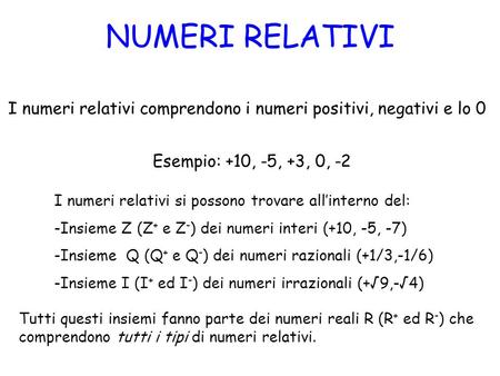 NUMERI RELATIVI I numeri relativi comprendono i numeri positivi, negativi e lo 0 Esempio: +10, -5, +3, 0, -2 I numeri relativi si possono trovare all’interno.