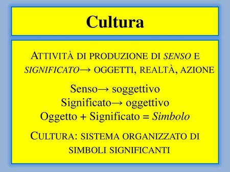 Cultura Attività di produzione di senso e significato→ oggetti, realtà, azione Senso→ soggettivo Significato→ oggettivo Oggetto + Significato = Simbolo.