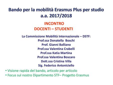 Bando per la mobilità Erasmus Plus per studio a.a. 2017/2018