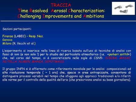 TRACCIA Time Resolved Aerosol Characterization: Challenging Improvements and Ambitions Sezioni partecipanti: Firenze (LABEC) – Resp. Naz. Genova Milano.