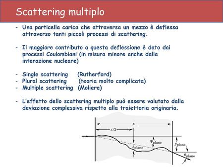 Scattering multiplo Una particella carica che attraversa un mezzo è deflessa attraverso tanti piccoli processi di scattering. Il maggiore contributo a.