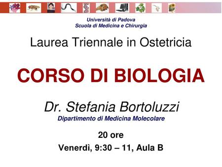 Università di Padova Scuola di Medicina e Chirurgia Laurea Triennale in Ostetricia CORSO DI BIOLOGIA Dr. Stefania Bortoluzzi Dipartimento di Medicina.