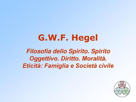 G.W.F. Hegel Filosofia dello Spirito. Spirito Oggettivo. Diritto. Moralità. Eticità: Famiglia e Società civile.
