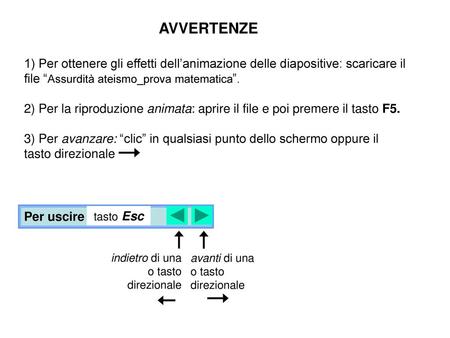 AVVERTENZE 1) Per ottenere gli effetti dell’animazione delle diapositive: scaricare il file “Assurdità ateismo_prova matematica”. 2) Per la riproduzione.