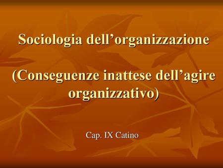 Sociologia dell’organizzazione (Conseguenze inattese dell’agire organizzativo) Cap. IX Catino.