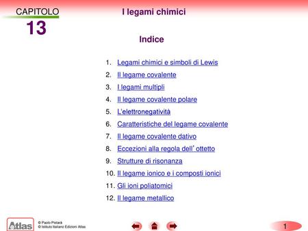 13 CAPITOLO I legami chimici Indice Legami chimici e simboli di Lewis