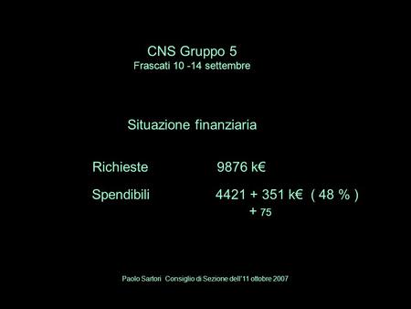 CNS Gruppo 5 Frascati 10 -14 settembre Situazione finanziaria Richieste 9876 k€ Spendibili 4421 + 351 k€ ( 48 % ) + 75 Paolo Sartori Consiglio di Sezione.