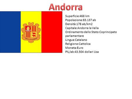 Andorra Superficie:468 km Popolazione: ab Densità:178 ab/km2