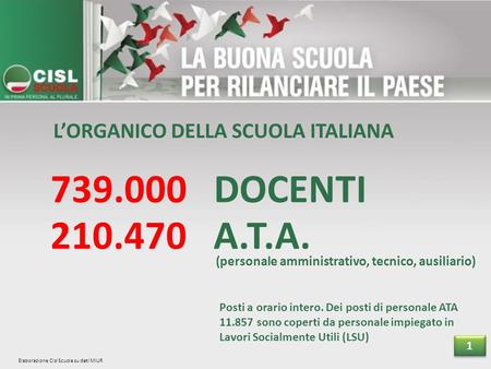 L’ORGANICO DELLA SCUOLA ITALIANA 739.000 DOCENTI 210.470 A.T.A. Posti a orario intero. Dei posti di personale ATA 11.857 sono coperti da personale impiegato.
