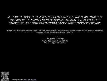 MP11-18 THE ROLE OF PRIMARY SURGERY AND EXTERNAL BEAM RADIATION THERAPY IN THE MANAGEMENT OF NON-METASTATIC DUCTAL PROSTATE CANCER: 20-YEAR OUTCOMES.