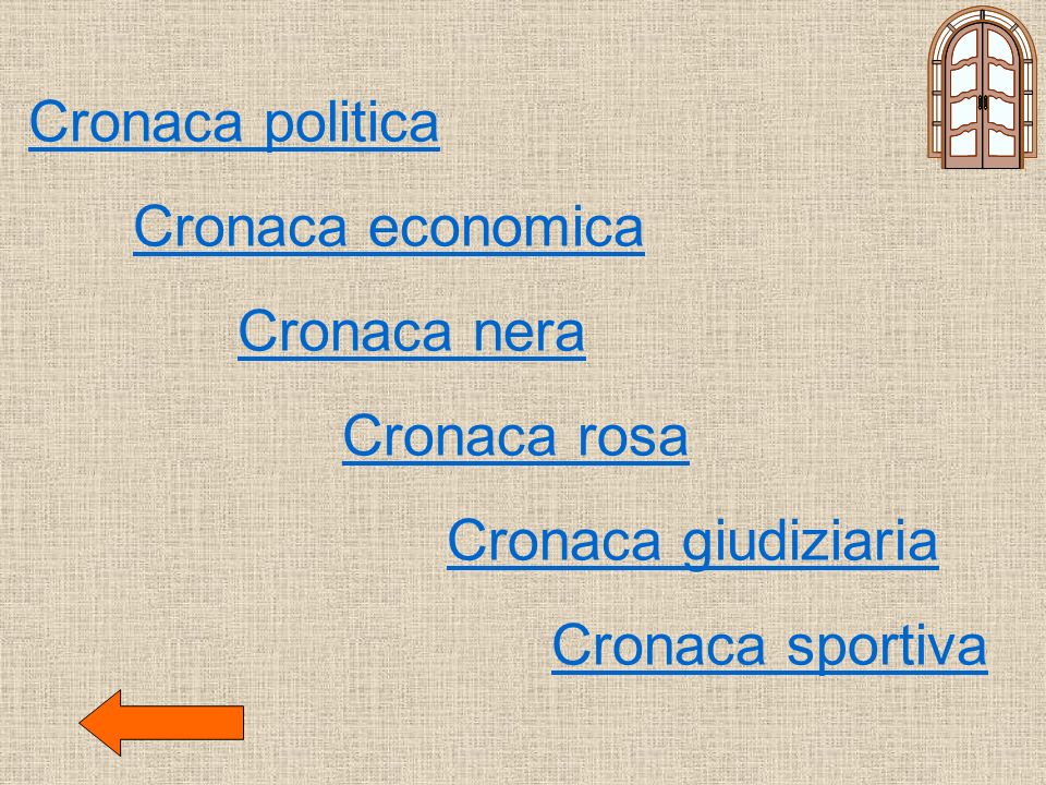 Cronaca politica Cronaca economica Cronaca nera Cronaca rosa Cronaca giudiziaria Cronaca sportiva