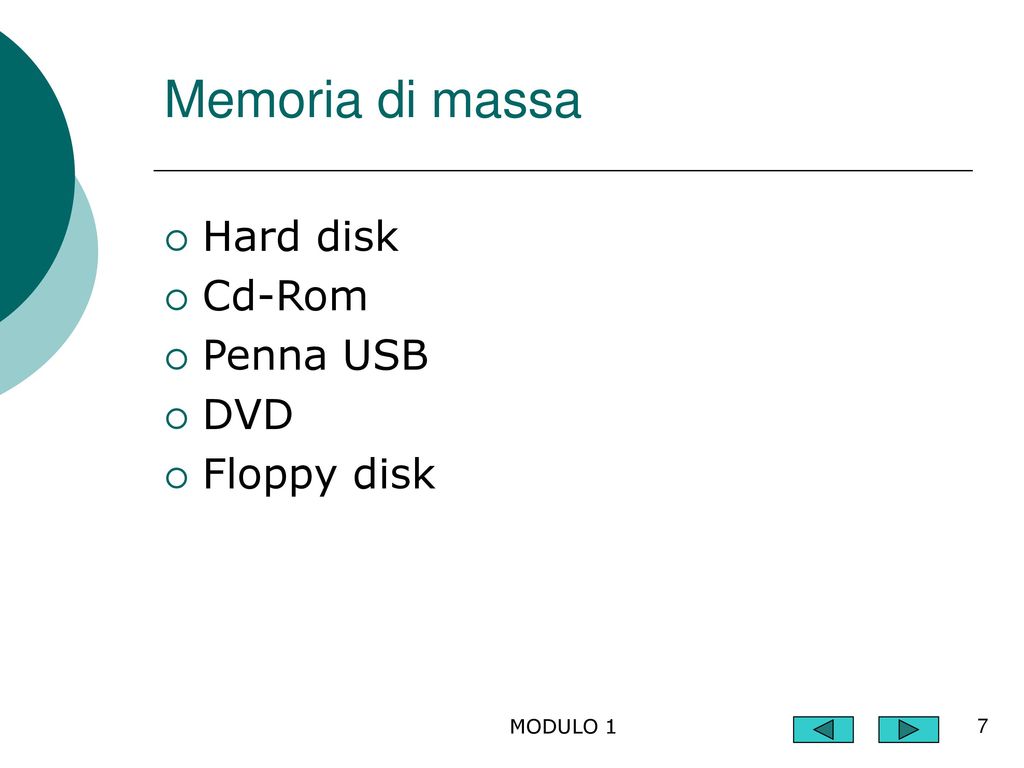 Memoria di massa Hard disk Cd-Rom Penna USB DVD Floppy disk MODULO 1
