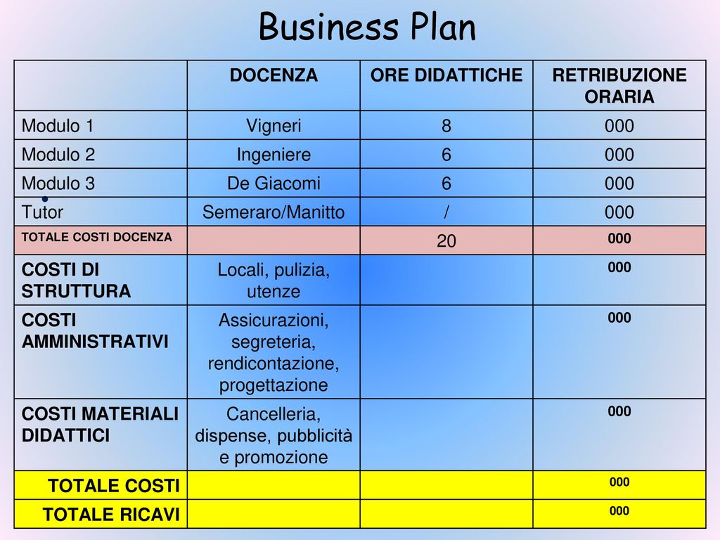 Business Plan DOCENZA ORE DIDATTICHE RETRIBUZIONE ORARIA Modulo 1