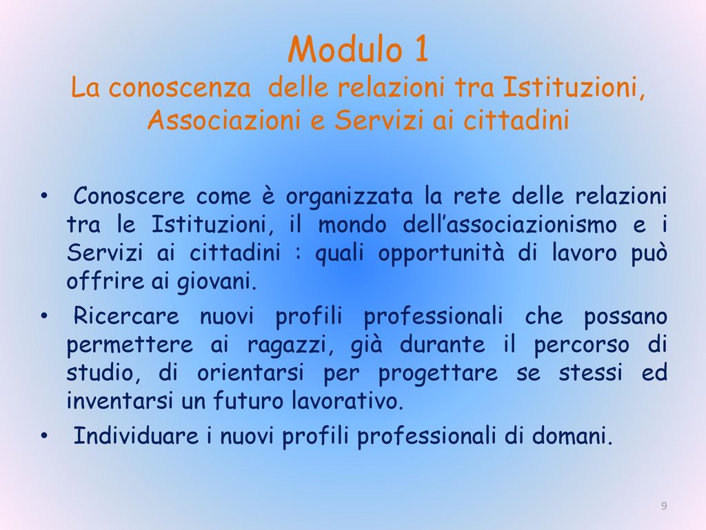 Modulo 1 La conoscenza delle relazioni tra Istituzioni, Associazioni e Servizi ai cittadini
