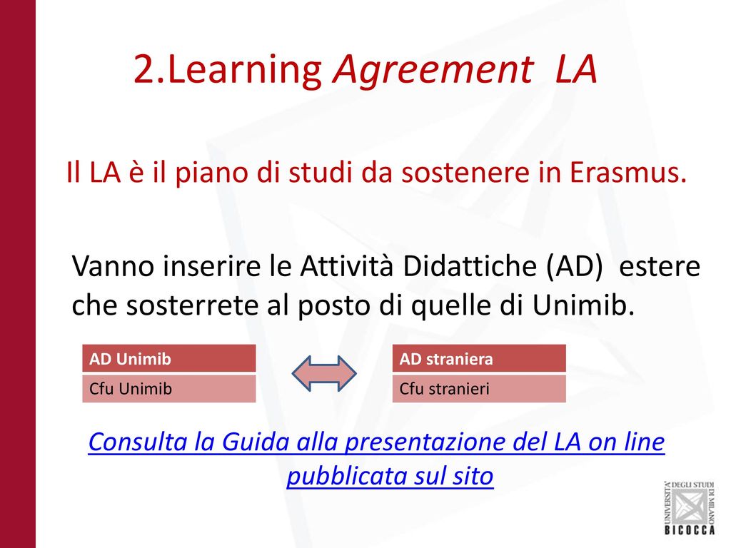 Il LA è il piano di studi da sostenere in Erasmus.