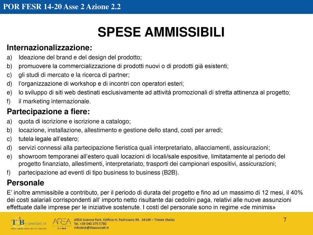 SPESE AMMISSIBILI POR FESR Asse 2 Azione 2.2