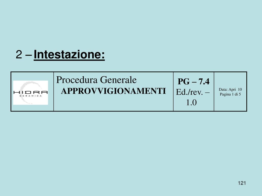 2 – Intestazione: Procedura Generale PG – 7.4 Ed./rev. – 1.0