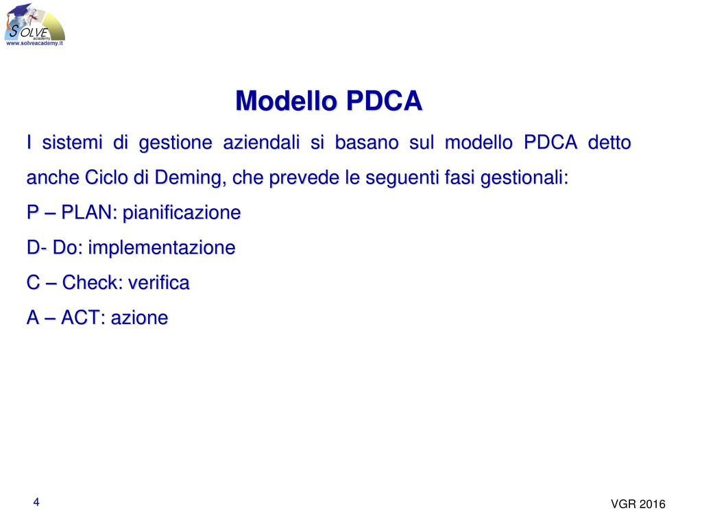 Modello PDCA I sistemi di gestione aziendali si basano sul modello PDCA detto anche Ciclo di Deming, che prevede le seguenti fasi gestionali: