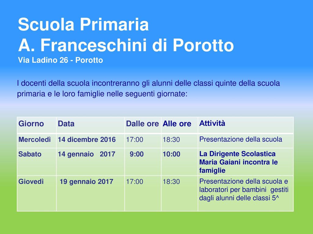 Scuola Primaria A. Franceschini di Porotto Via Ladino 26 - Porotto
