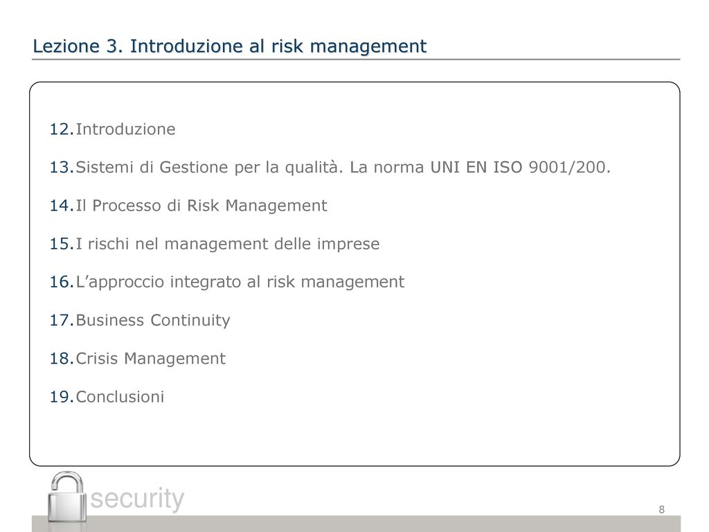 Lezione 3. Introduzione al risk management