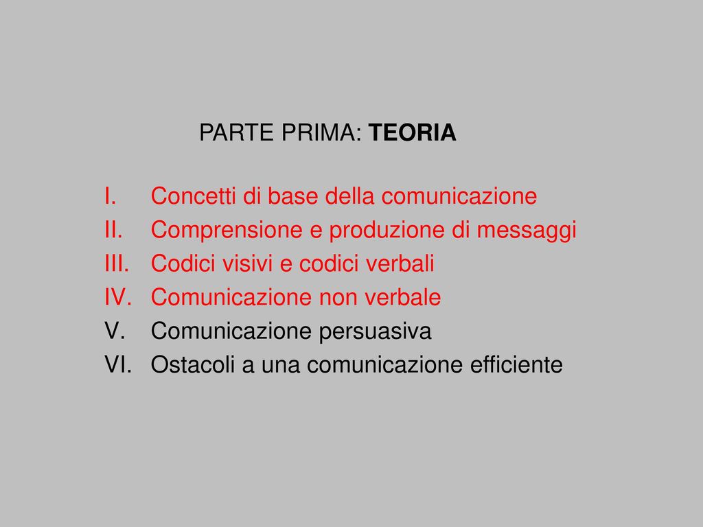 PARTE PRIMA: TEORIA Concetti di base della comunicazione. Comprensione e produzione di messaggi. Codici visivi e codici verbali.
