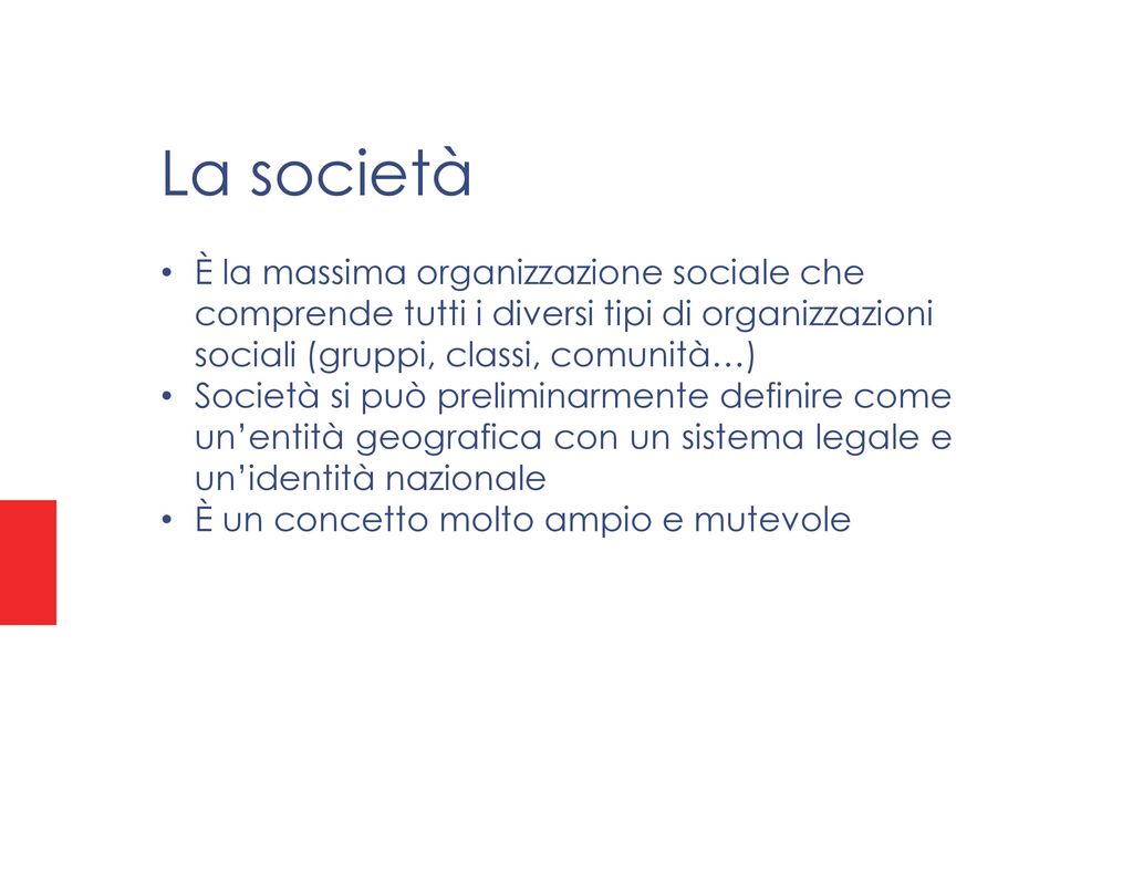 La società È la massima organizzazione sociale che comprende tutti i diversi tipi di organizzazioni sociali (gruppi, classi, comunità…)