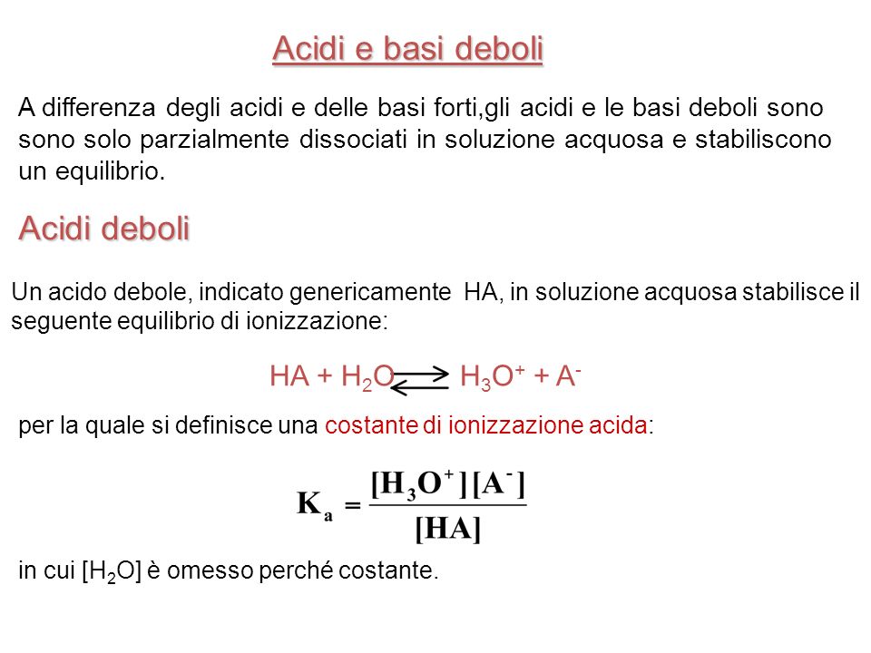 Acidi e basi deboli Acidi deboli HA + H2O H3O+ + A-