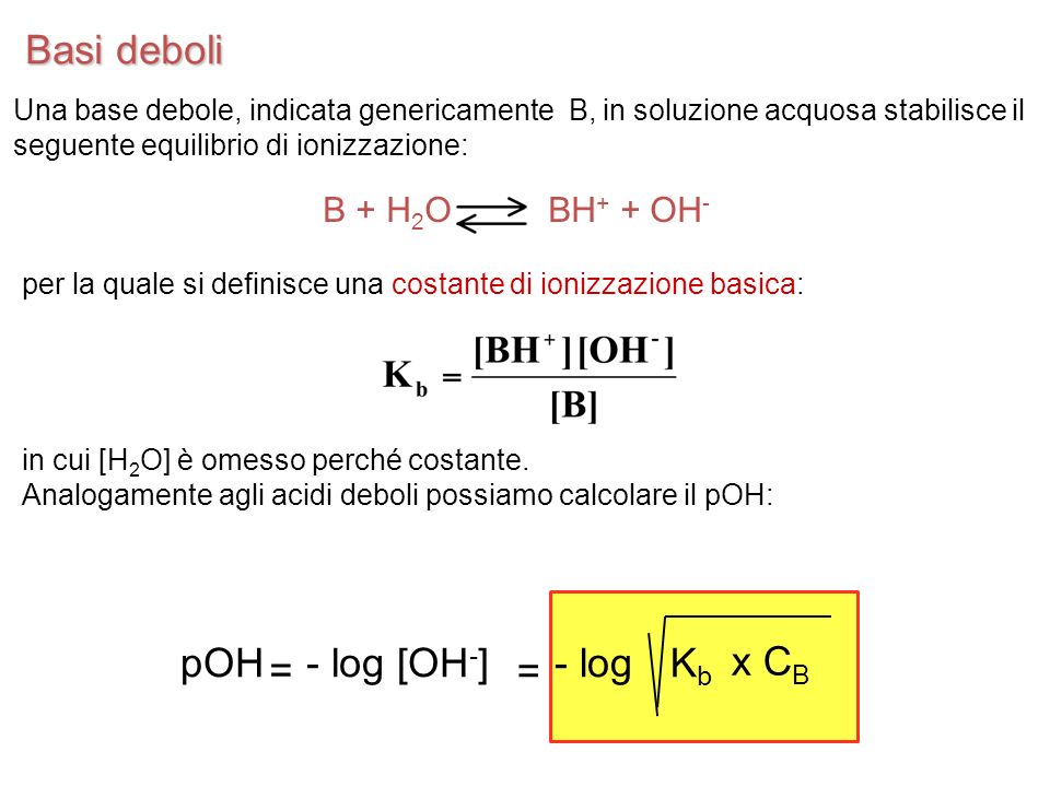 Basi deboli pOH x CB = Kb - log [OH-] - log B + H2O BH+ + OH-