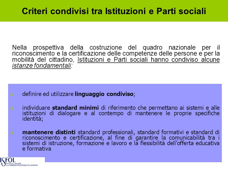 Criteri condivisi tra Istituzioni e Parti sociali
