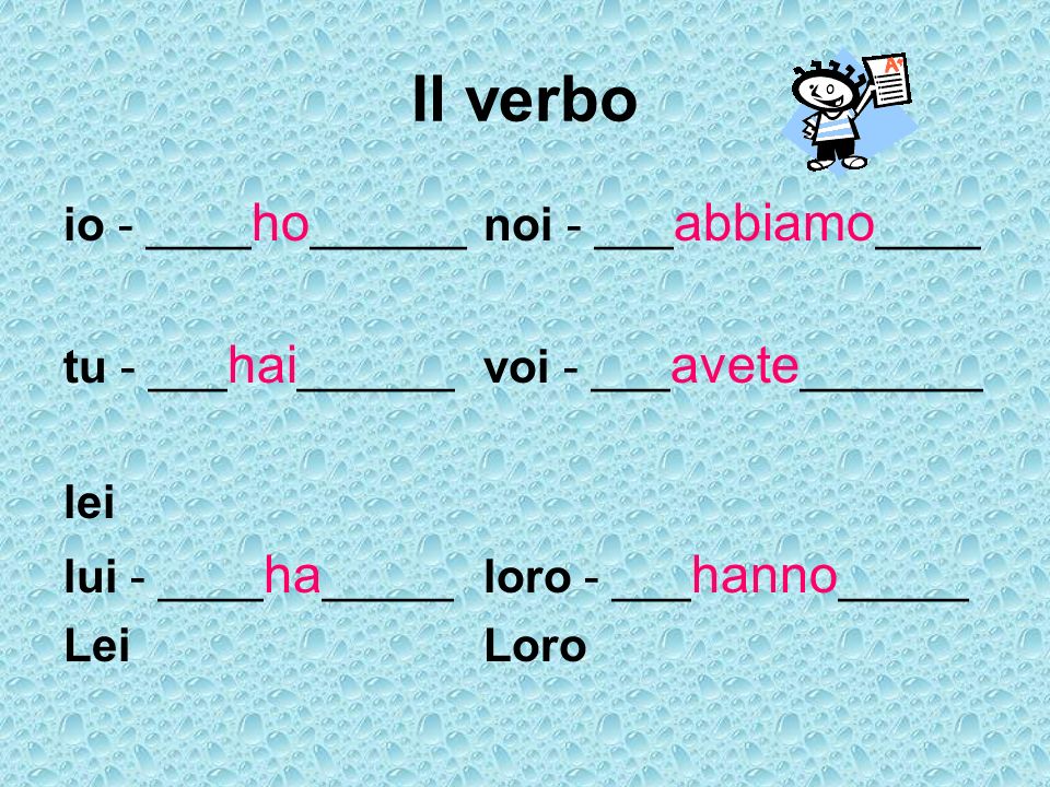 Il verbo io - ____ho______ noi - ___abbiamo____