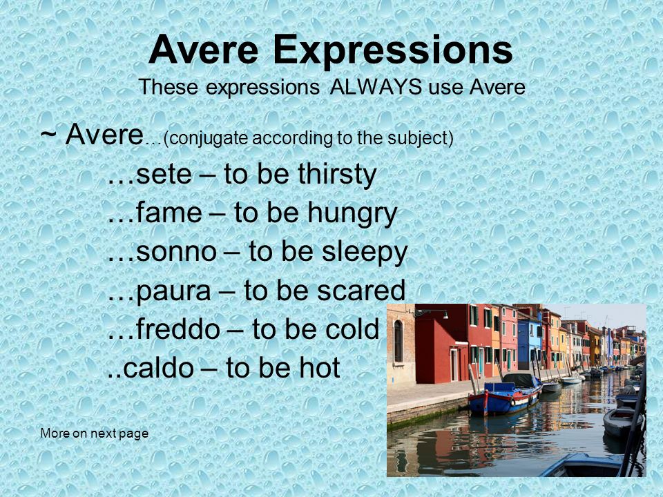 Avere Expressions These expressions ALWAYS use Avere