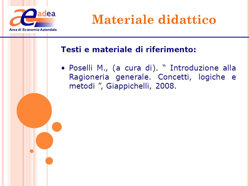Materiale didattico Testi e materiale di riferimento: