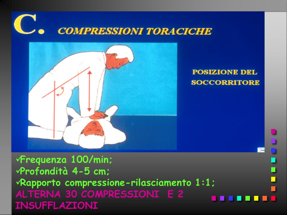 Frequenza 100/min; Profondità 4-5 cm; Rapporto compressione-rilasciamento 1:1; ALTERNA 30 COMPRESSIONI E 2 INSUFFLAZIONI.