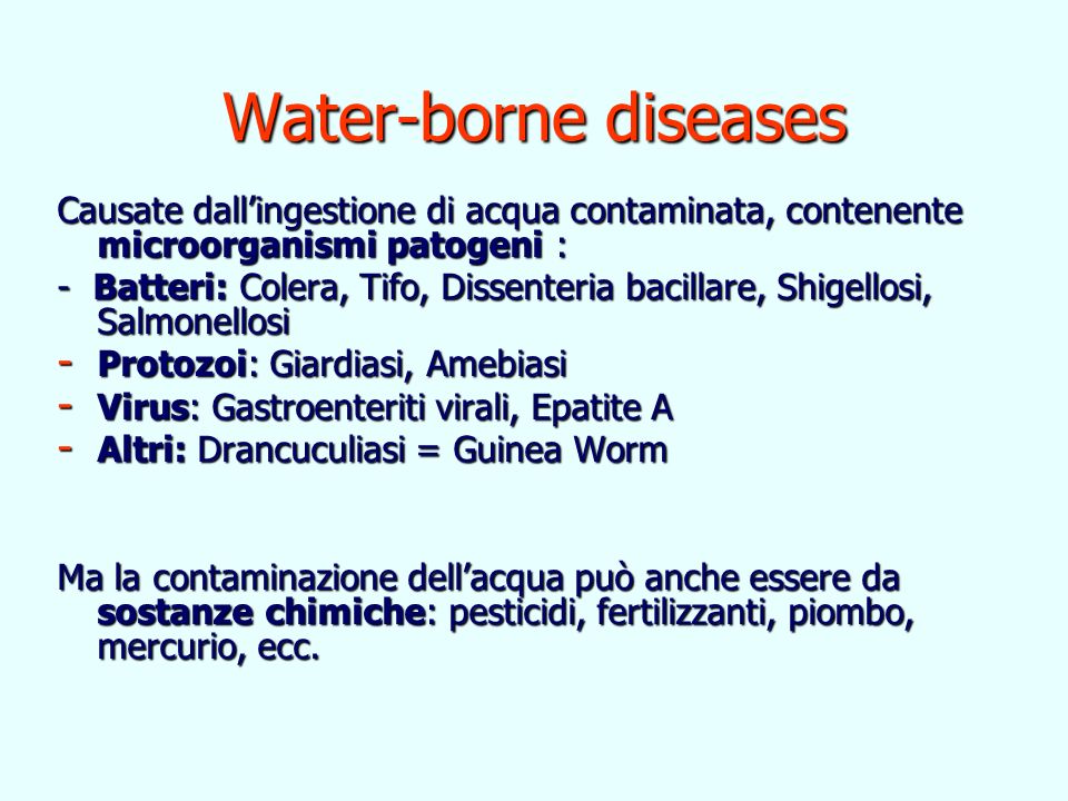 Water-borne diseases Causate dall’ingestione di acqua contaminata, contenente microorganismi patogeni :
