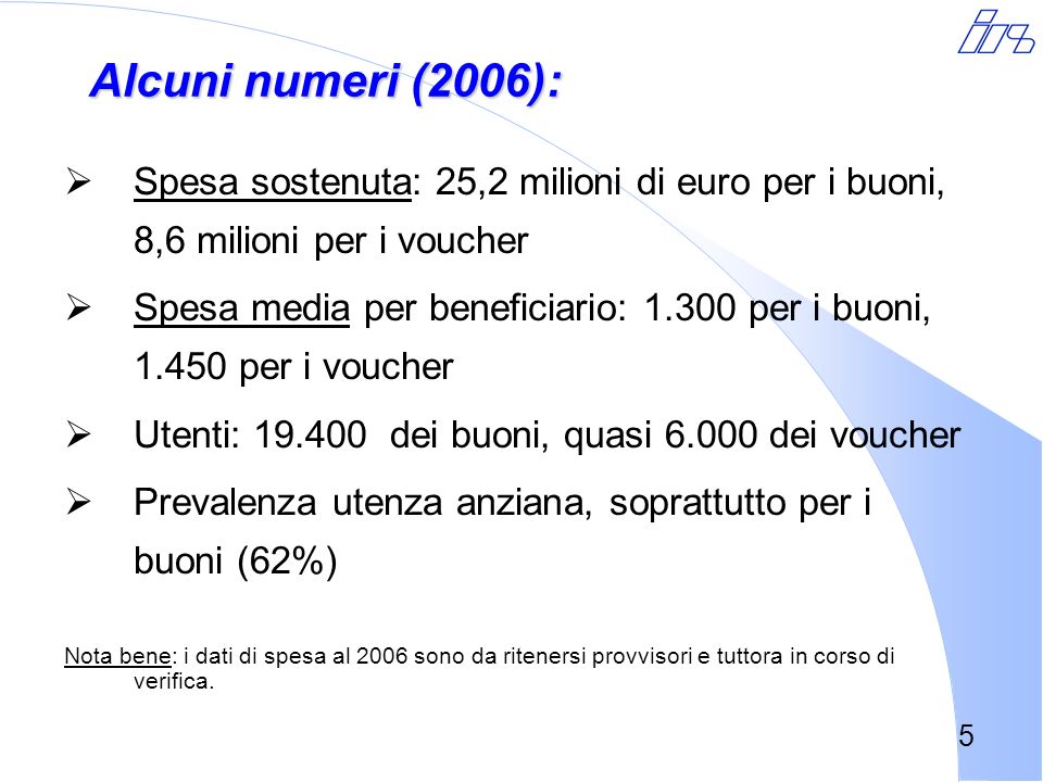 Alcuni numeri (2006): Spesa sostenuta: 25,2 milioni di euro per i buoni, 8,6 milioni per i voucher.