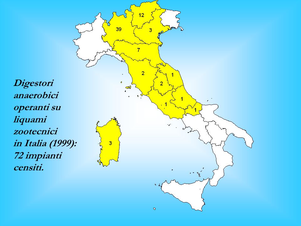 Digestori anaerobici operanti su liquami zootecnici in Italia (1999): 72 impianti censiti.